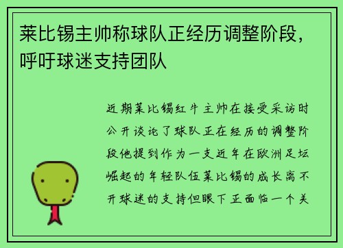 莱比锡主帅称球队正经历调整阶段，呼吁球迷支持团队